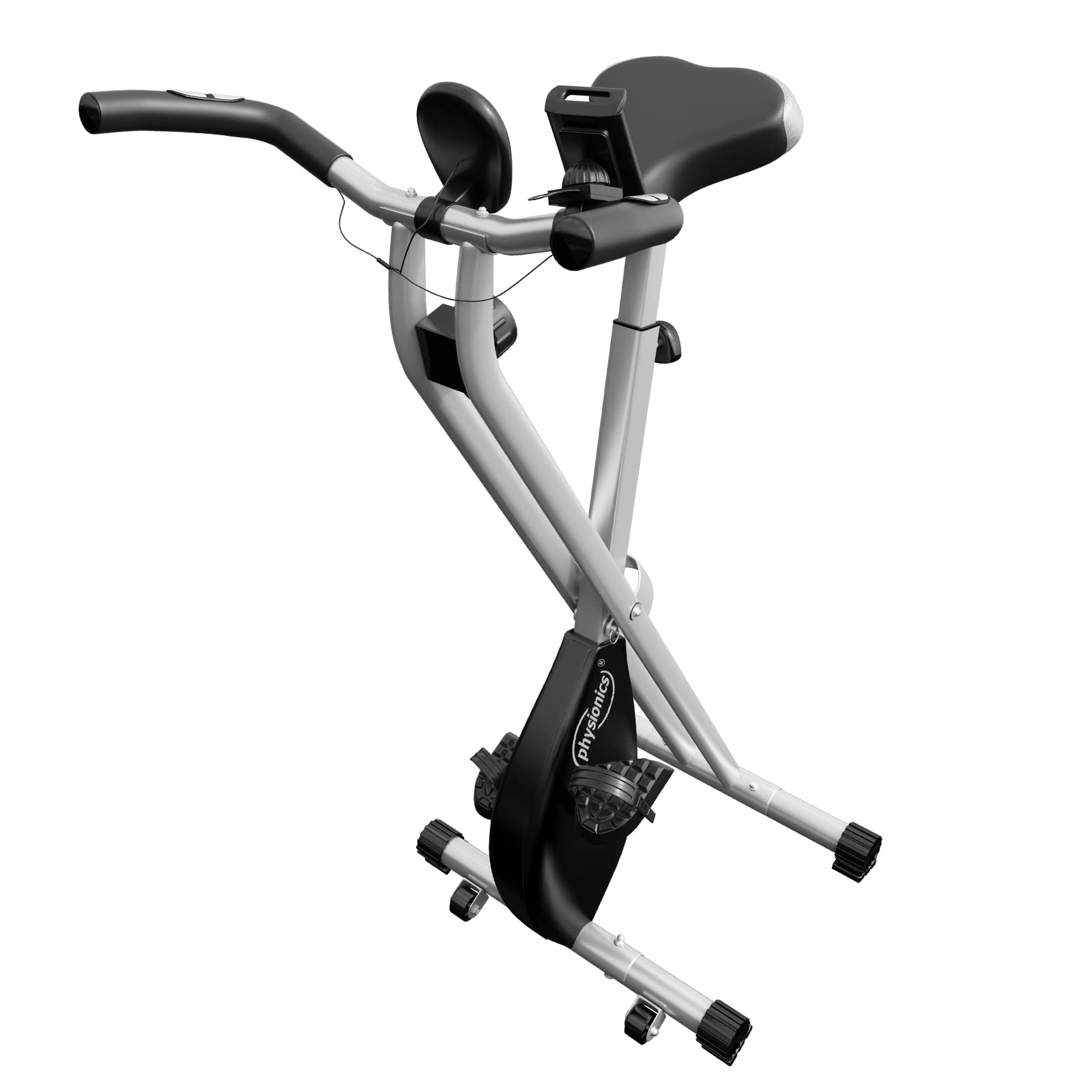 Physionics® Rower treningowy – wyświetlacz LCD, regulowany, składany, do 120 kg, szary, z kółkami transportowymi, pulsometrem, uchwytem na telefon – ergometr, trener rowerowy, domowy, rower fitness,