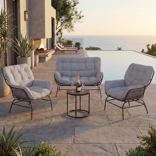 Meubles Lounge HWC-P75 Polyrotin métal Gris foncé, Coussins Gris Clair