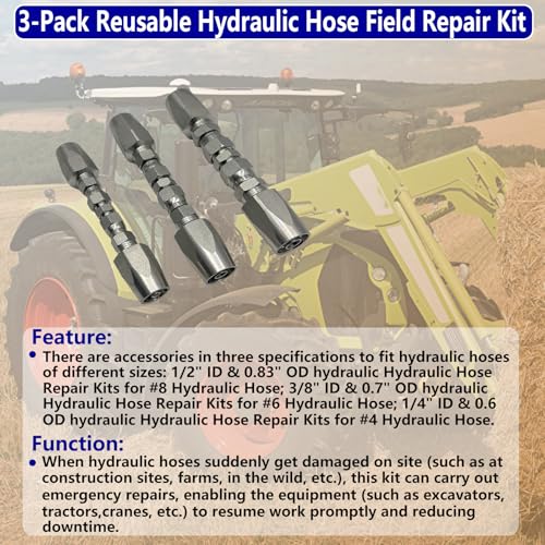 Image of 3-Pack Reusable Hydraulic Hose Field Repair Kit For R2 R16 R17 R19 2-wire hydraulic hoses Replacement for 1 /4 inch 3 /8 inch 1 /2 inch Inner Diameter Hydraulic Hose Repair Fitting 4000 psi Pressure Rating