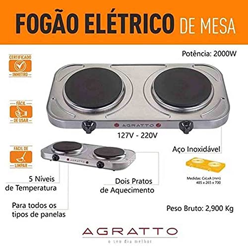 Fogão Elétrico De Mesa Agratto 2 Pratos Inox Portátil 110v