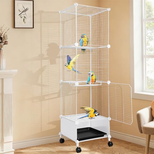 Gaiola para Calopsita, 132*37*37cm, Viveiro para Papagaio Grande, Gaiola Calopsita, Viveiro para Calopsita com Vara de Pouso, Rodízios Giratórios e Bandeja, Branco