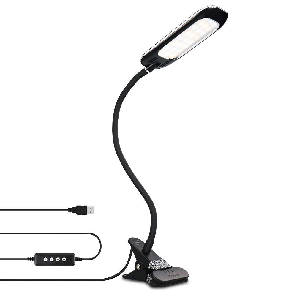 Recbot LED Desk Lamp with 2000 mAh Rechargeable Lithium Battery USB Port 3 Lighting Modes 11 Level Brightness Memory Function Gooseneck Clip Lamp for Reading, Bedroom, Office