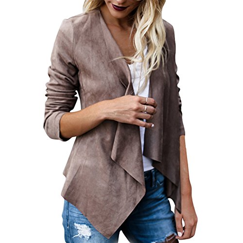 CHICFOR Womens Faux Suede Jacket Long Sleeve Open Front Lightweight Lapel Short Jacket (Coffee, XL)