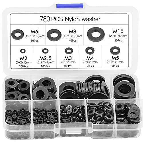 CXtech 780 Stück Kunststoff Unterlegscheiben Flach Unterlegscheiben M2 M2.5 M3 M4 M5 M6 M8 M10 M12 Nylon Beilagscheiben Korrosionsfreie Unterlegscheiben für Industrie Befestigungen Cover