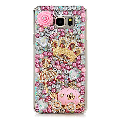 Note 5 Case,Galaxy Note 5 Case - Mavis's Diary 3D Handmade Bling Crystal Luxury Cute Pumpkin Car Golden Crown Dancing Girl Shiny Sparkling Pink Diamonds Gems Clear Hard Cover for Samsung Galaxy Note 5