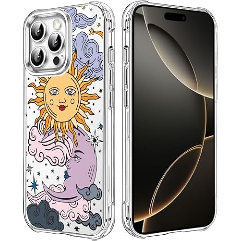 HEYORUN Sun Moon Design Clear Case Compatible with iPhone 16 Pro Max, Star Cloud Girls and Women Back Case Cover, Cute Cartoons Transparent Flexible TPU Bumper Shockproof Protective Case Cover