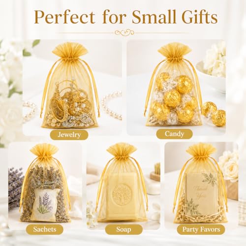 Image of Hopttreely Gold Organza Gift Bags 6x9 Inch, 50PC High-Density Drawstring Mesh Favor Packaging for Jewelry Candy Sachet Goodie, Mini Mesh Favor Bags for Graduation Wedding Baby Shower Birthday Party Gifts