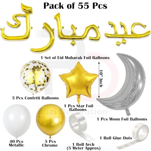 Image of Rozi Decoration 55-Piece Eid Mubarak Moon & Star Foil Balloon Kit - Multicolor Ramzan Iftar & Chand Raat Party Decor