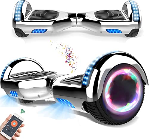 HappyBoard 6.5' Overboard Tout Terrain,Bluetooth Enceinte,LED,Skate Electrique Auto Equilibre,Hoverboard Pas Cher,Meilleur Cadeaux Enfant Adulte,Sac&Télécommande Offerts (Argenté chromé)