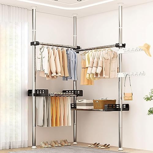 頑丈な衣類ラック 伸縮式コートハンガー トレイ付き - DIY伸縮式ワードローブオーガナイザー 高さ調節可能な洋服整理レール - クローゼット整理用の吊り下げ式整理レール
