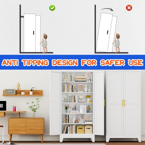 Image of GAIOUS 75.2 inch Tall Metal Storage Cabinet, Kitchen Pantry Cabinet White | Food Storage, Kitchen Organizer, Freestanding Cupboard with 2 Doors and 5 Adjustable Shelves, 6 Tier, Steel,for Office Dining
