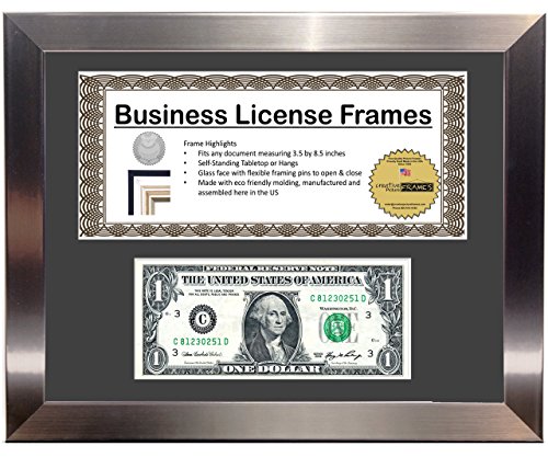 Creative Picture Frames 11Ss-B Stainless Steel First Dollar Frame With Business License, 3.5X8.75 License Including Self Standing Easel And Wall Hanger