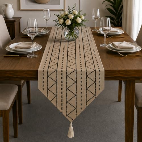 Image of STITCHNEST 'Nomad Weave Collection' Jacquard Table Runner 13x60 Inches| Tassel Finish | Modern Dining Table Decor