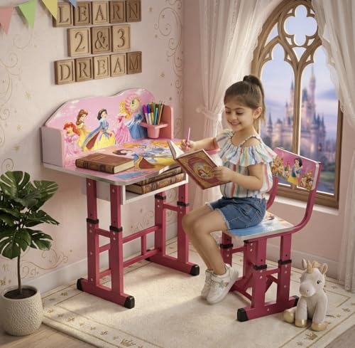 Image of Kids Study Table and Chair Set | 4-15 Years | Adjustable Height| Strong and Ergonomic | Multifunctional Writing Desk for Kids (Pink)