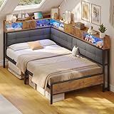 AOGLLATI Polsterbett Schlafsofa 90x200 mit 6 Staufächern Jugendbett 90x200 mit LED-Beleuchtung Tagesbett mit Steckdosen Gästebett Bettgestell mit Lattenrost aus Metall (Dunkelgrau, 90x200cm)