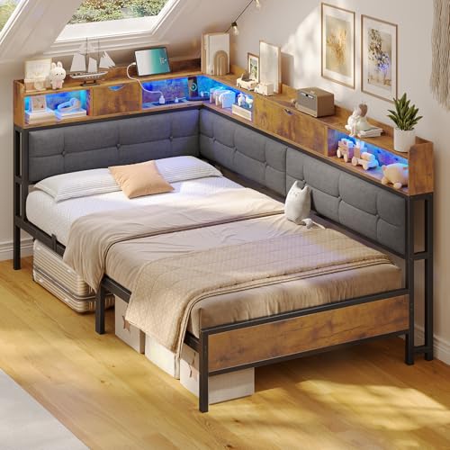 AOGLLATI Polsterbett Schlafsofa 90x200 mit 6 Staufächern Jugendbett 90x200 mit LED-Beleuchtung Tagesbett mit Steckdosen Gästebett Bettgestell mit Lattenrost aus Metall (Dunkelgrau, 90x200cm)