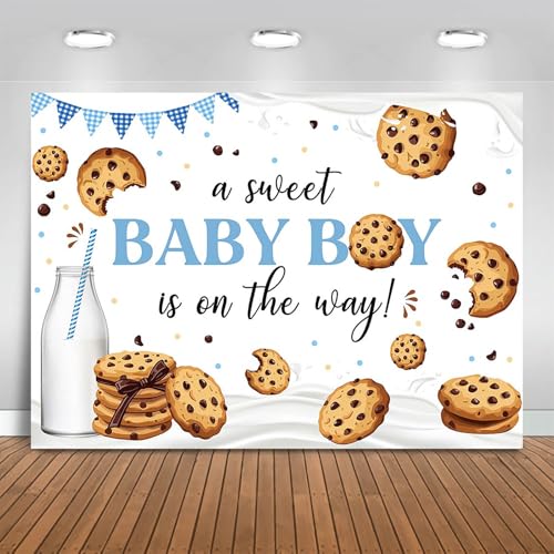 Fitumiw Hintergrund für Babypartys, 2,4 x 1,8 m, "A Sweet Baby Boy is On The Way", Party-Dekoration, Hintergrund für Jungen, Keks- und Milchbanner, Foto-Requisiten
