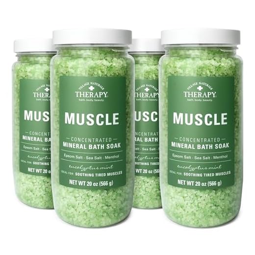 Village Naturals Therapy, Muscle Concentrated Mineral Bath Soak, Eucalyptus Mint Scent, 20 oz, Pack of 4