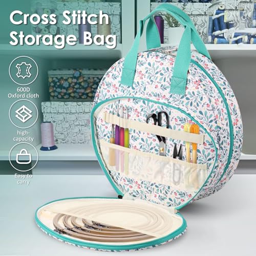 Image of Embroidery Project Bag, Embroidery Supplies Storage Carrying Tote Case with Multiple Pockets and Handle, Cross Stitch Bag, Double Layer Embroiderys Project Bags for Floss Hoops Thread (Lake Blove)