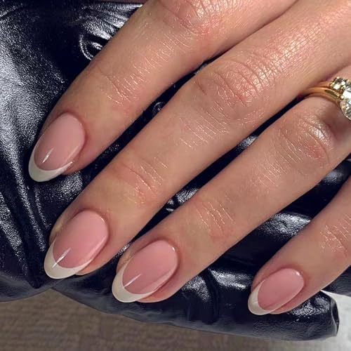 KaleidNail 24 Pcs Acrylic French False Nails, Short Almond Press on Nails, Nude Fake Nails with Jelly Adhesive Tabs for Women Girls Nails Art