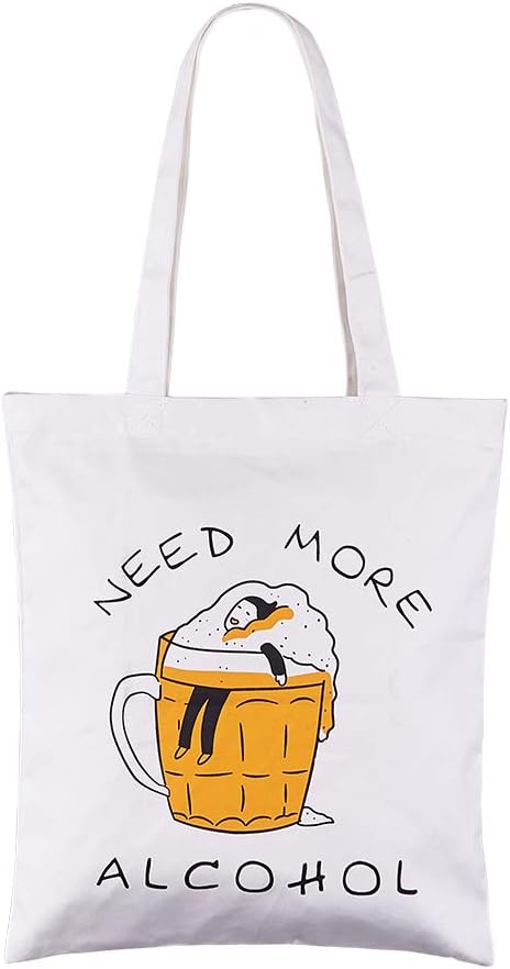 Waitworth 'Need More Alcohol' Cotton Canvas Tote Bag Stylish Casual Shoulder Bag with Zipper and Pocket for Shopping Travel and School Work Eco-Friendly