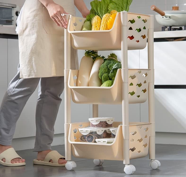 PARASNATH Plastic Skep 3 Layer Basket Fruit & Vegetable Trolley(Pink Colour) Home And Kitchen Fruit Basket Storage Rack Organizer Holders Kitchen Trolley - Made In India (Launching Offer) 1