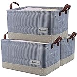 Househould Storage Basket with Drawstring Closure, Shelf Storage Cubes, Cotton Fabric Baby Toys Storage Bins, Pack of 3, Navy Blue