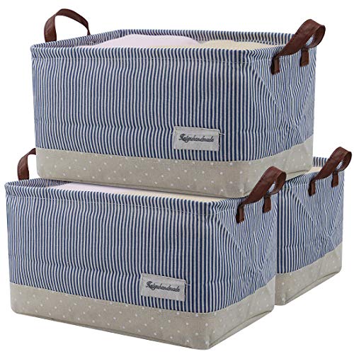 Househould Storage Basket with Drawstring Closure, Shelf Storage Cubes, Cotton Fabric Baby Toys Storage Bins, Pack of 3, Navy Blue