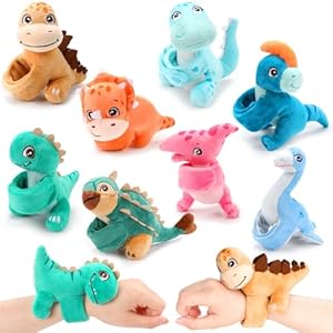 Liliful 8 Pack Kids Gifts Stuffed Animal Cat Slap Bracelets, Easter Graduation 8 Inch Plush Wrist Cute Snap Bracelets Birthday for Boys Girls Child Bulk Items Mardi Gras Party Favors(Dinosaur)