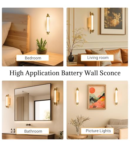 Image of Set of 2 Gold 12000mAh LED Crystal Wireless Battery Wall Sconces | 12000mAh long battery, remote dimmable timer, renter no hardwire crystal light for vanity bathroom living room hallway