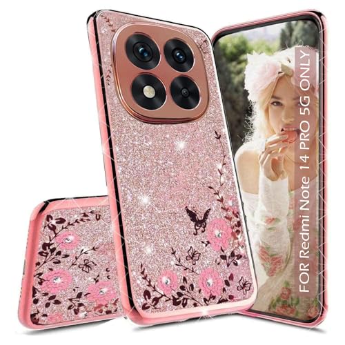 Image of KC Back Cover for Redmi Note 14 Pro 5G - Crystals Glitter Auora Paper Bling 2 in 1 Soft Silicone Transparent Camera Protection Case (Rose Gold Pink)