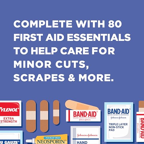 Image of BAND-AID Brand Travel Ready Portable Emergency First Aid Kit, Minor Wound Care, Perfect for Home, Car, Camping, Travel & Outdoor Essentials, Supplies Include Bandages, Neosporin & Tylenol, 80 Piece