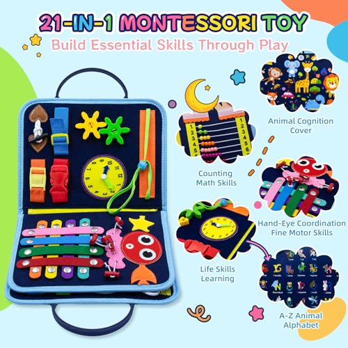 Image of Montessori Busy Board for Toddlers 1-3, 4 Pages 15+ Activities Sensory Toy, ABC Numbers Colors Motor Skills Toy, Toddler Quiet Book Travel Toy, Preschool Educational for Boys Girls, Blue Zoo