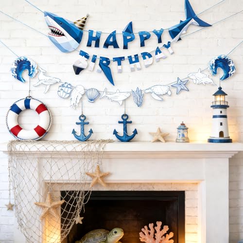 Image of SUNBEAUTY Shark Birthday Party Decorations Shark Happy Birthday Banner Ocean Theme Hanging Shark Garland Under The Sea Pre-strung Shark Birthday Banner for Boys Baby Shower Beach Summer Pool Party（Blue）