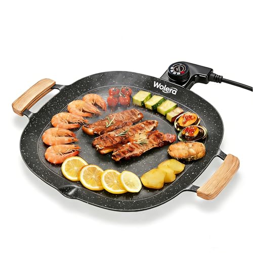Wolera Smokeless Indoor Electric BBQ Grill with Wooden Handles - Adjustable Temp Nonstick Griddle, Perfect for Steak, Pancakes & Low-Fat Meals, Easy to Clean & Dishwasher Safe