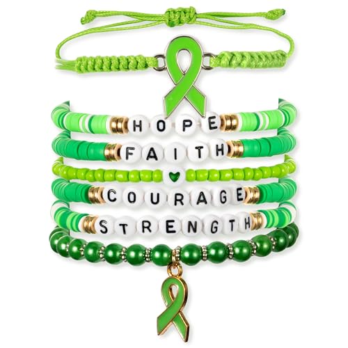 Y1tvei Mental Health Awareness Bracelets - 8Pcs Green Ribbon Faith Hope Clay Bead Bracelet with Reminder Card Gifts Motivational Stackable Clay Beaded Stretch Friendship Jewelry Accessory for Women