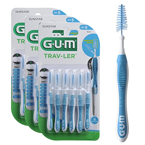 GUM TRAV-LER Brossette Interdentaire, 1,6mm / Elimine 25% de Plaque en plus/Brins Recouverts d'un Agent Antibactérien/Manche Ergonomique, Pack 3x6 Unités