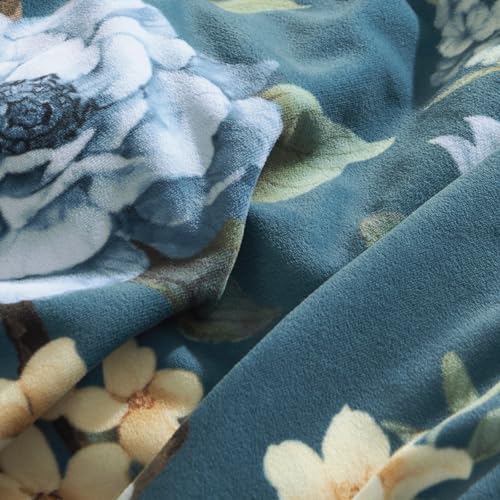 PHF Velvet Duvet Cover Set king size, Super Soft & Lightweight 3 Piece Floral Comforter Cover Set (No Filling), Botanical Print Duvet Cover with Pillow Shams, Stylish Farmhouse Style, 104" x 90", Blue