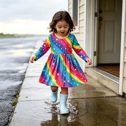 Image of Tkria Toddler Girls Rainbow Dress Striped Fall Dress Cartoon Colourful Long Sleeve Casual Dressy 2-7T
