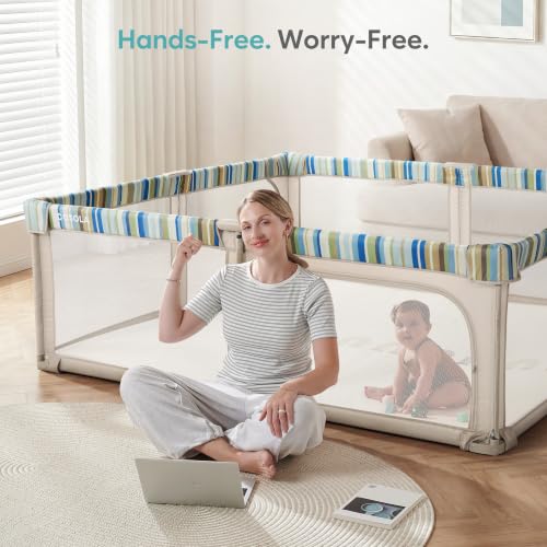 Image of Baby Playpen Portable, Pre-Assembled Play Pen 59x59 Large Foldable Playpen for Babies and Toddlers, Sturdy and Safe Toddler Play Yard Indoor Outdoor with Carry Bag, Light Khaki-Stripe