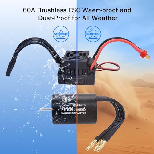 Surpass Hobby RC Brushless Motor and ESC Combo Waterproof 3650 3900KV Brushless Motor and 60A ESC Combo Set for 1/10 Remote Control Cars Trucks Off-Road Vehicle