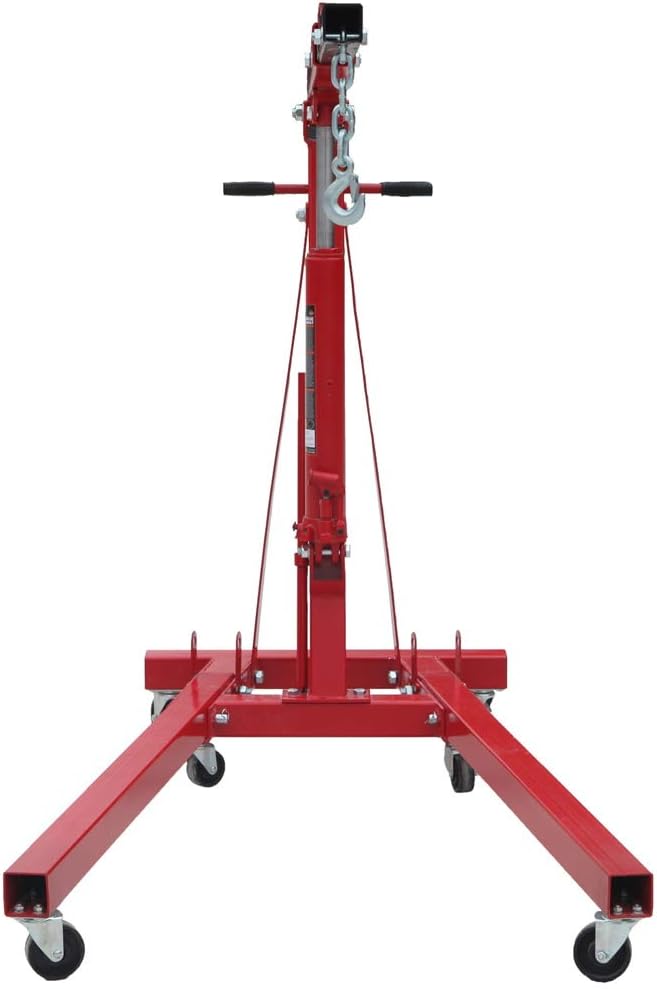 2 Ton / 4000 lbs Steel Garage Shop Crane Engine Hoist with Folding Frame, Hydraulic Long Ram Jack and 4 Position Reinforced Boom, Red