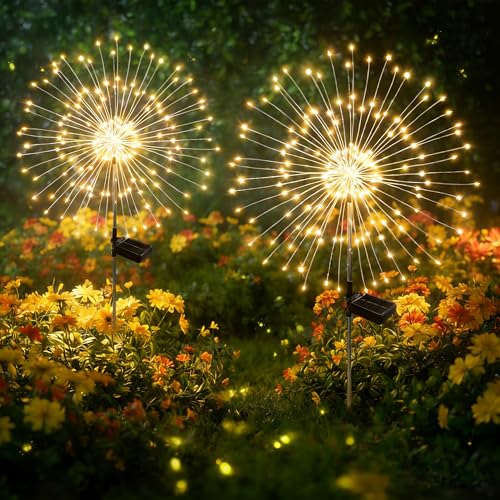 SEEWELUMI Solar Garden Lights Outdoor Decor Waterproof 2Pack 120LED Firework Lights for Garden Decorative Fairy Lights Solar Powered for Yard Patio Pathway Flowerbed Planter Party(Warm White)