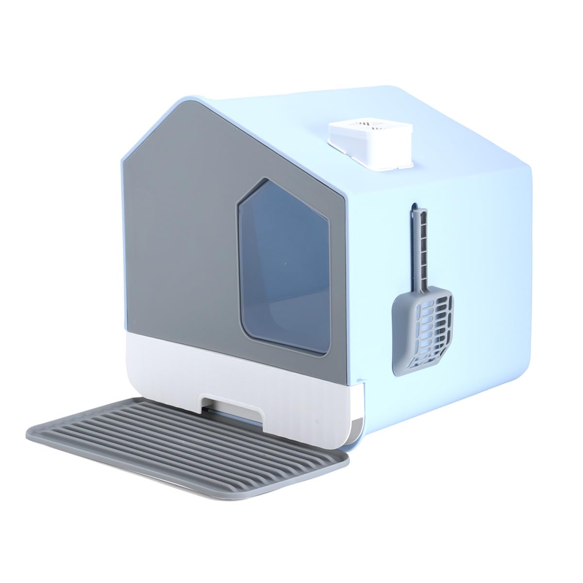 Ajolopet | Casa Arenero para Gato | Diseño Cerrado Elegante con Puerta y Filtro | Control Total de Olores y Limpieza Sencilla, Incluye Pala | Tamaño Grande Ideal para Gatos Adultos 40x44x45cm (Azul)