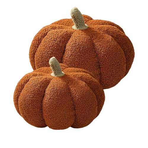 LOMTRATS Dekoratives Kürbis-Wurfkissen für Halloween oder Thanksgiving Plüsch-Kürbis-förmiges Kissen für Party 3D-simuliert mit Blatt für Zuhause Herbstdekoration(Brown 9+11.8)