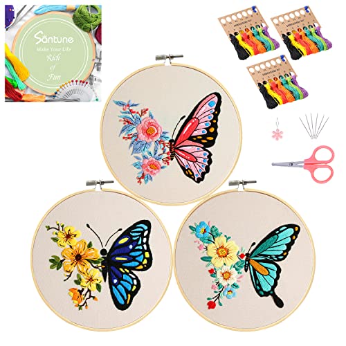 Image of Santune 3 Pack Embroidery Kit for Beginners Adults Cross Stitch Kits with Butterfly Patterns and Instructions,DIY Hand Crafts with 1 Hoop,Threads and 6 Needles