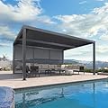 PURPLE LEAF Louvered Pergola 94AS 12' x 16' Outdoor Aluminum Pergola with Fixed Shutter Wall Adjustable Roof for Deck Backyard Grey Hardtop Gazebo, 1 Long Side