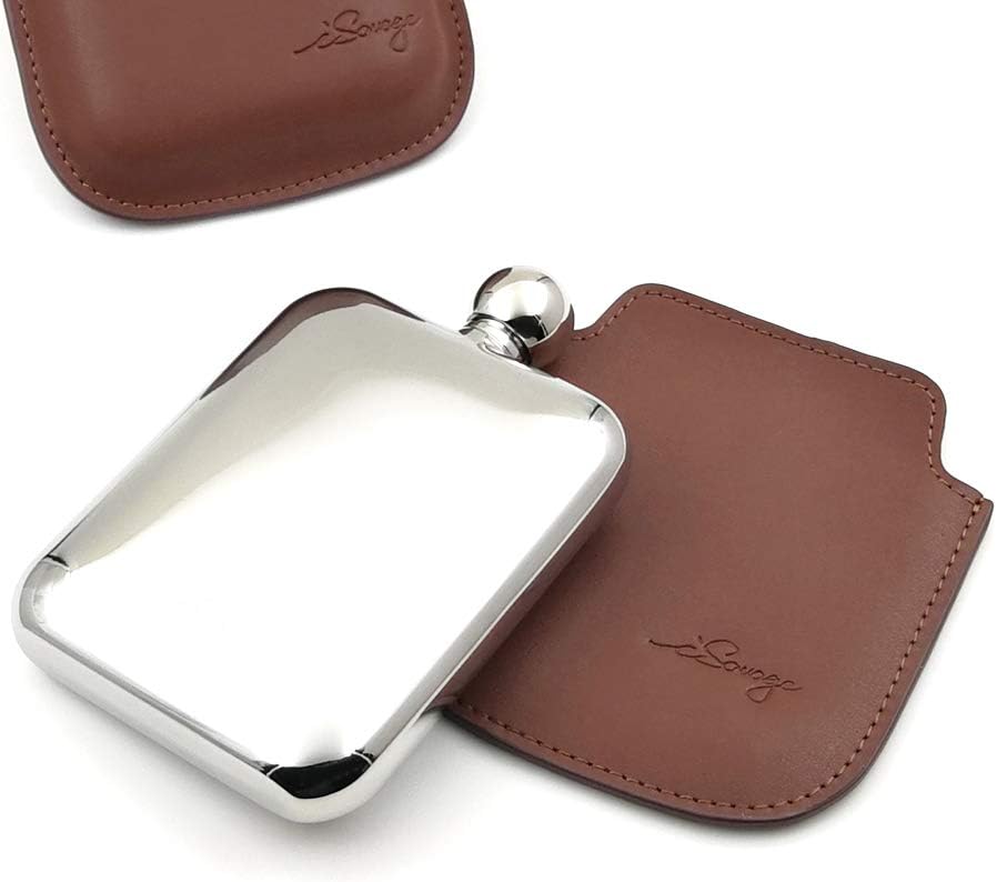 6oz Rectangle Hip Flask with a Detachable Maroon Leather Pouch-YM6072