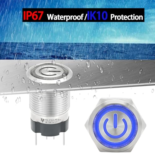 Image of UL Listed 15Amp 16mm Latching Push Button Switch 110V-120V IP67 Waterproof SPST 1NO Stainless Steel with Wire Socket Blue 2Pcs