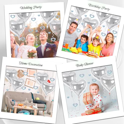 Image of 24 Pcs Silver Heart Balloons, 100 Pcs Heart Hanging Streamers, 18 Inch Heart Foil Balloons Valentine's Day Balloon Love Balloon for Valentines Day Proposal Wedding Party Decorations